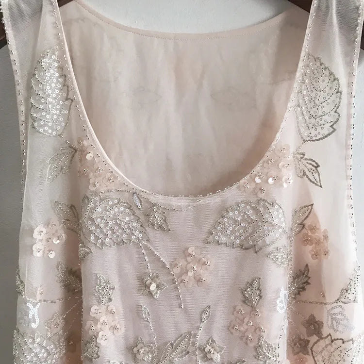 Women Floral Beaded Loose Vest Sleeveless Shirt Summer U-Neck Flowers Embroidered Sequined Chiffon Blouses Shiny Gauze Tank Tops