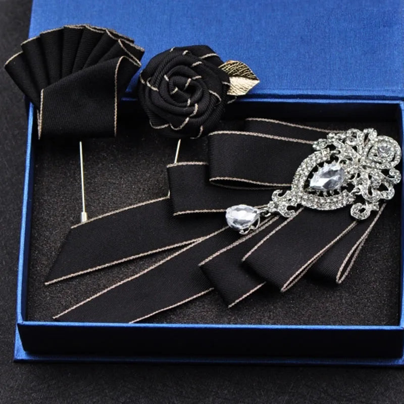 Fashion Handmade Bow Tie Wedding Collar Luxury Rhinestone Bowtie Necktie Brooch Pocket Towel Square Set Gift for Men Accessories