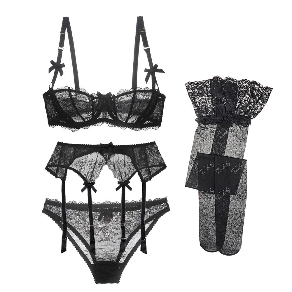 CYHWR Luxury Half Cup Lace Transparent Sexy Lingerie Ultra-thin Solid Shell Style 4 Pieces/Lots Bra Set and Garter and Stocking