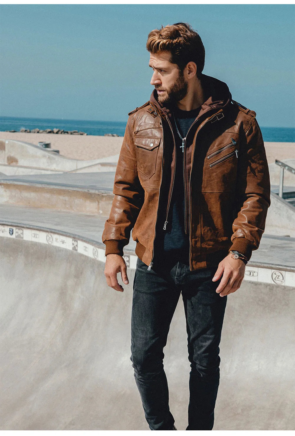 FLAVOR Herren Lederjacke Männer Motorrad Abnehmbarer Kapuz Wintermantel Männer Warme Echte Lederjacken