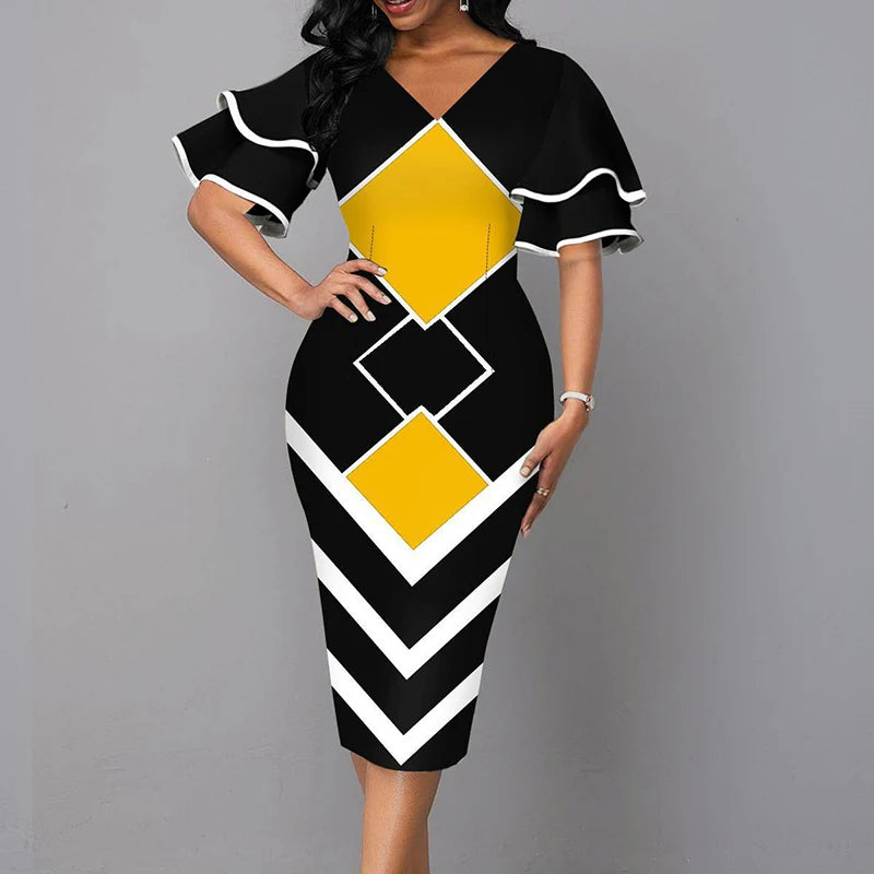 Elegant Women Dress 2021 Summer Fashion V Neck Short Sleeve elegant Slim Dress Vintage Patchwork Casual Lady Party Dresses Vestido