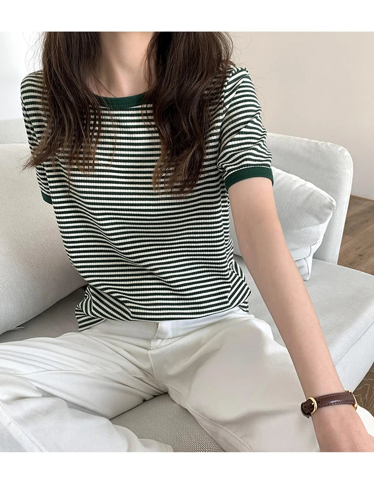 T Shirt For Women 2023 Tops Mujer Striped Short Sleeve Summer Korean Fashion T-shirts Casual O Neck Tshirts Tee Shirt Femme Top