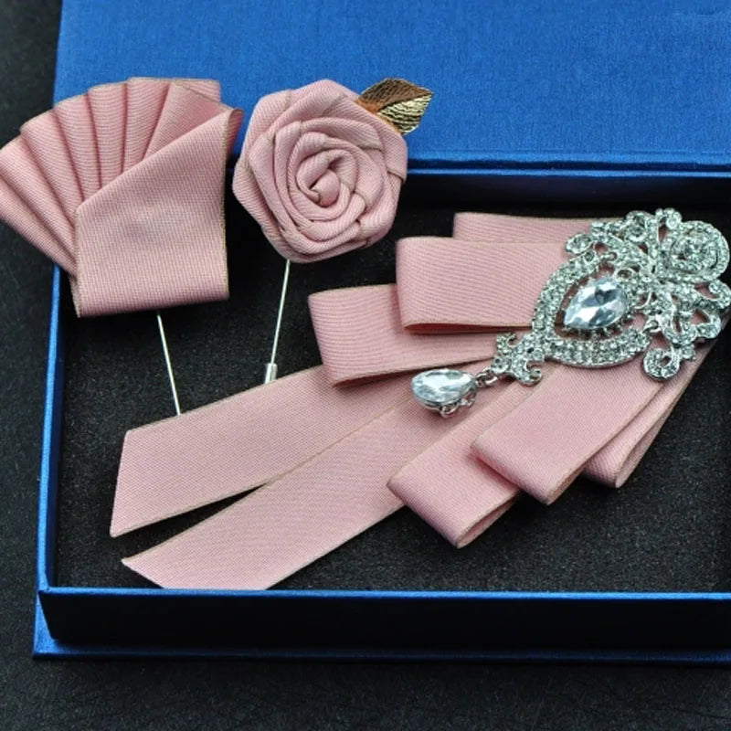 Fashion Handmade Bow Tie Wedding Collar Luxury Rhinestone Bowtie Necktie Brooch Pocket Towel Square Set Gift for Men Accessories