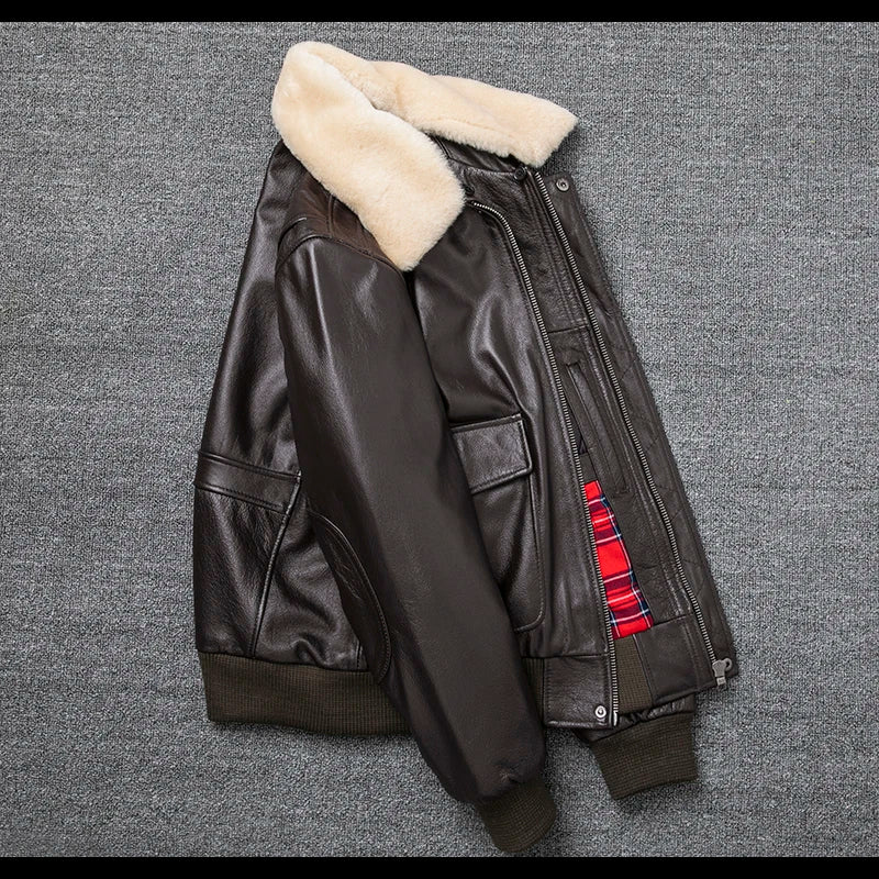 Air Force Flight Jacket Fur Collar Genuine Top Layer Cow Leather Jacket Men Black Brown Cow Coat Men's Winter Jacket