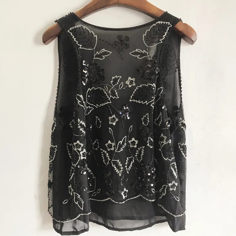 Women Floral Beaded Loose Vest Sleeveless Shirt Summer U-Neck Flowers Embroidered Sequined Chiffon Blouses Shiny Gauze Tank Tops