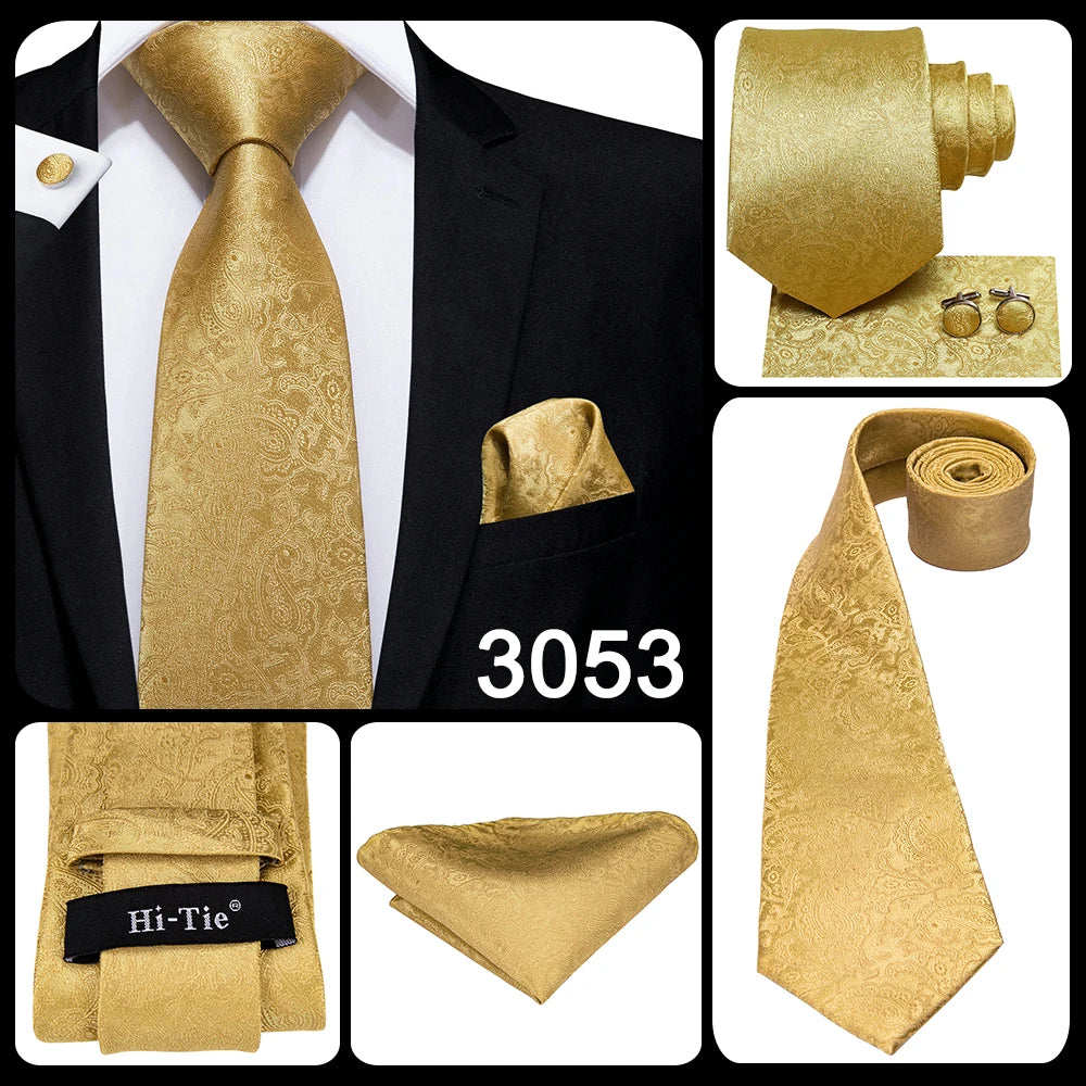 Hi-Tie Seiden-Herren-Krawatten-Set Blumenmuster Gelb Gold Krawatten und Taschentücher Manschettenknöpfe-Set Herren-Hochzeits-Party-Anzug-Mode-Halskrawatte C-3053