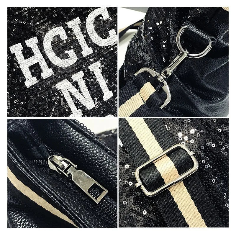 Casual Women Bling Sequins Shoulder Bags Big Capacity Female Handbag For Lady Travel Large Tote Letter Printed Crossbody Bags