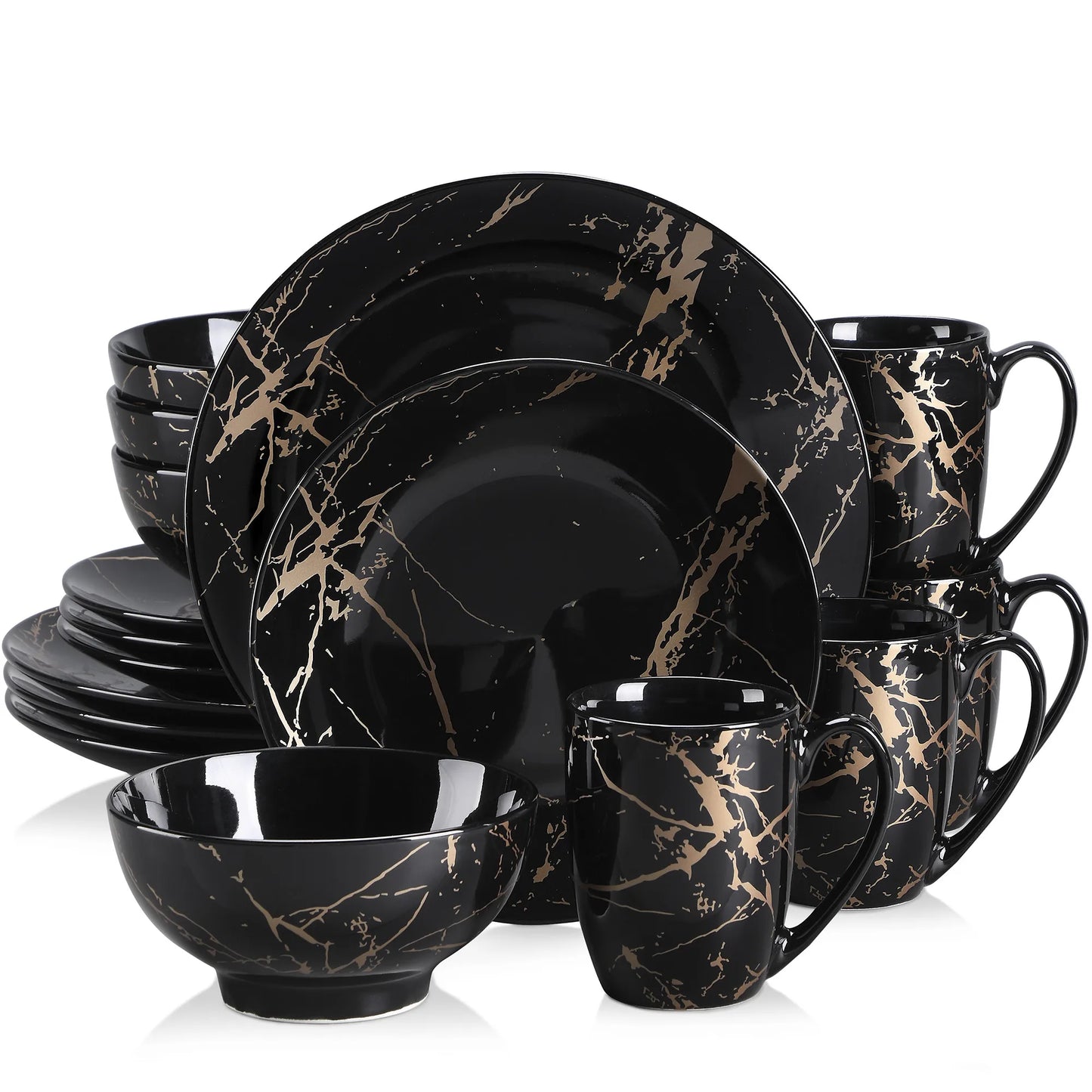 LOVECASA 16/32/48 Stück schwarzes blaues Porzellan-Dinnerware-Set, Design von Gold Splash, mit Dinner-Plate, Cake-plate, Bowls, Coffee Cups