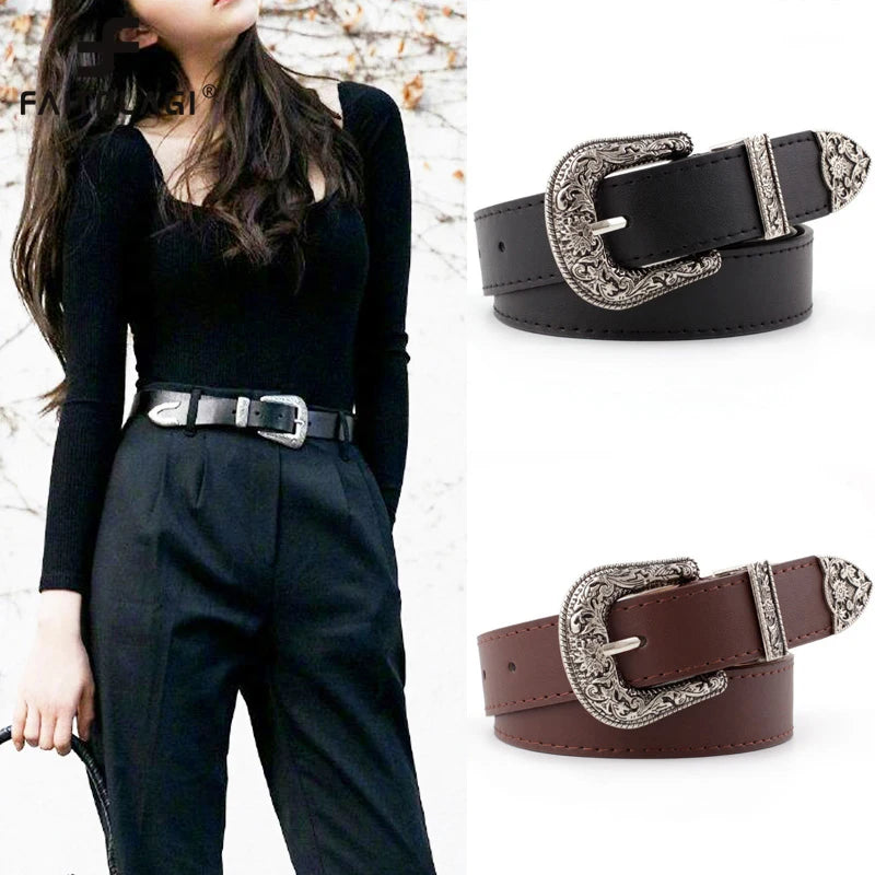 Schwarzer Leder Gürtel Frauen Metall Herz Schnalle Taille Gürtel Vintage Western Geschnitzt Jeans Damen Gürtel Hemden Taillenbund Cinturon Mujer