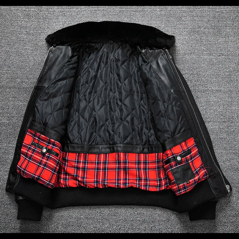 Air Force Flight Jacket Fur Collar Genuine Top Layer Cow Leather Jacket Men Black Brown Cow Coat Men's Winter Jacket