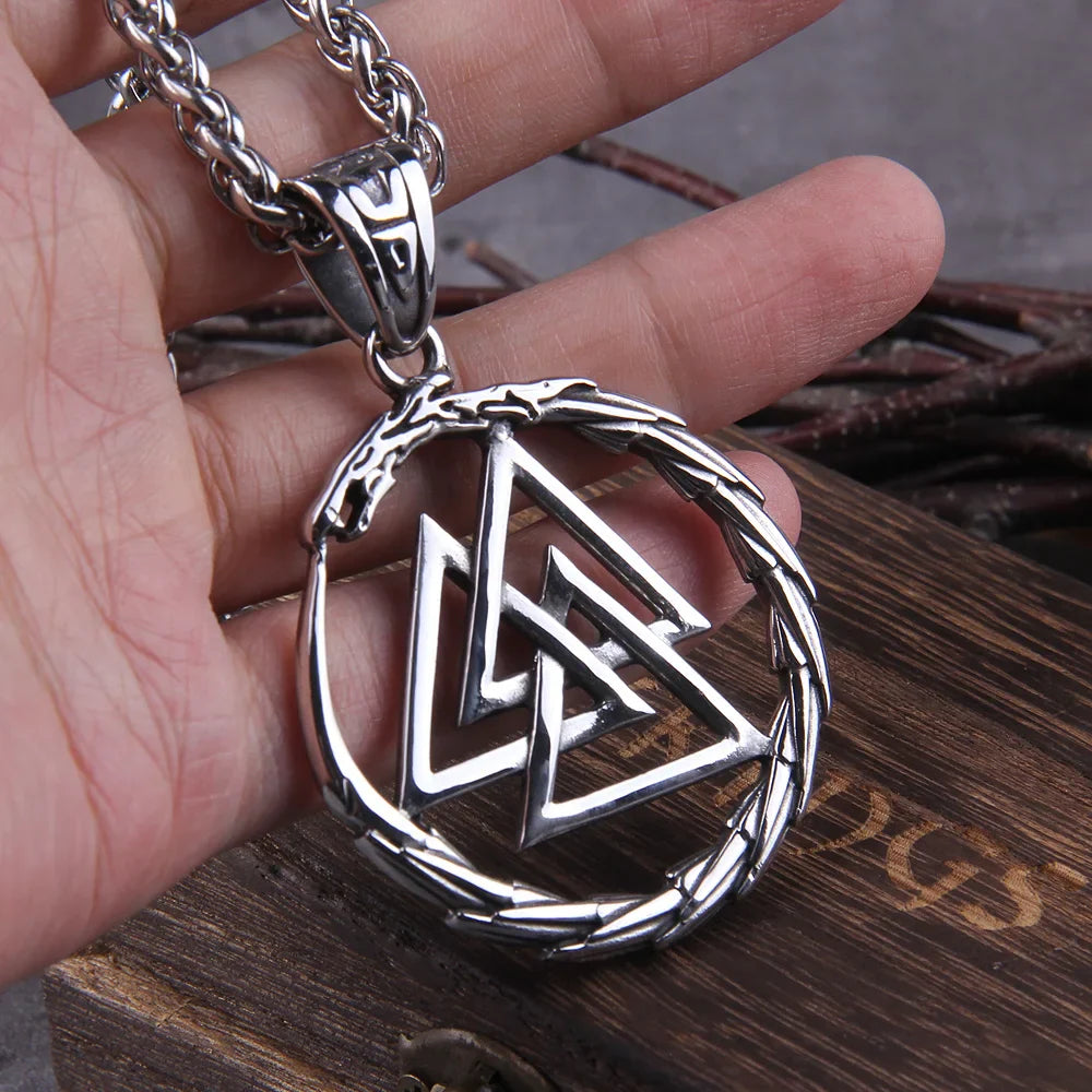 Viking dragon ouroboros necklace stainless steel valknut pendant