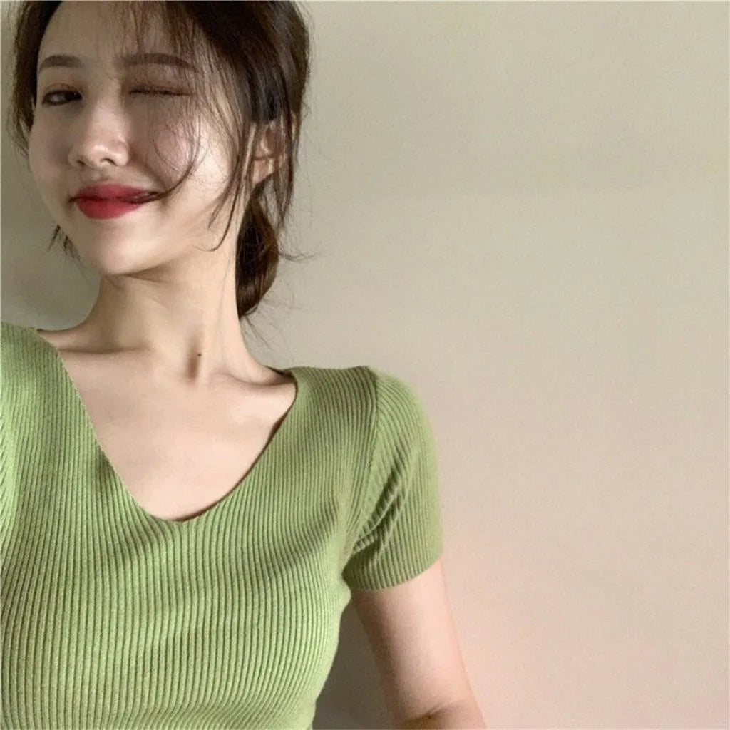 Sexy Women T Shirt Ribbed Knitted V-neck Short Sleeve Ladies Solid Top Tee Fitness Korean Clothes T Shirt Women Camiseta Mujer