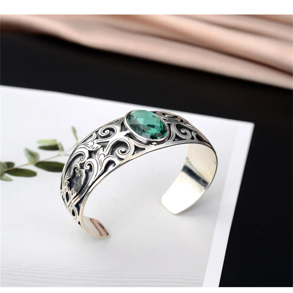 925 sterling silver vine totem charm with green crystal  handcrafted bangle gift