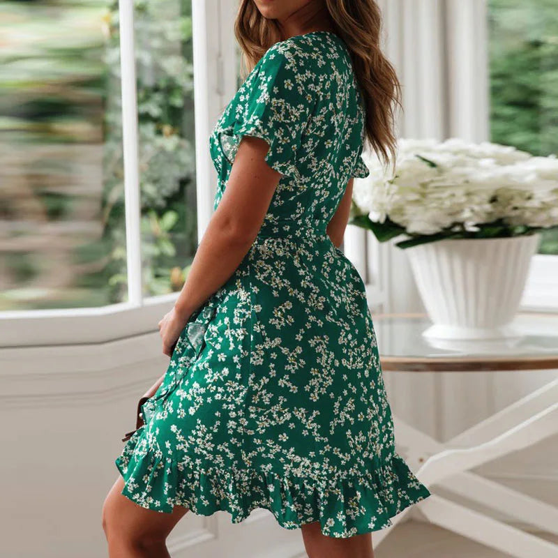 Boho Floral Print Ruffles Women Dress Summer Sexy V Neck Short Sleeve A Line Chiffon Mini Dresses Beach Vacation Sundress