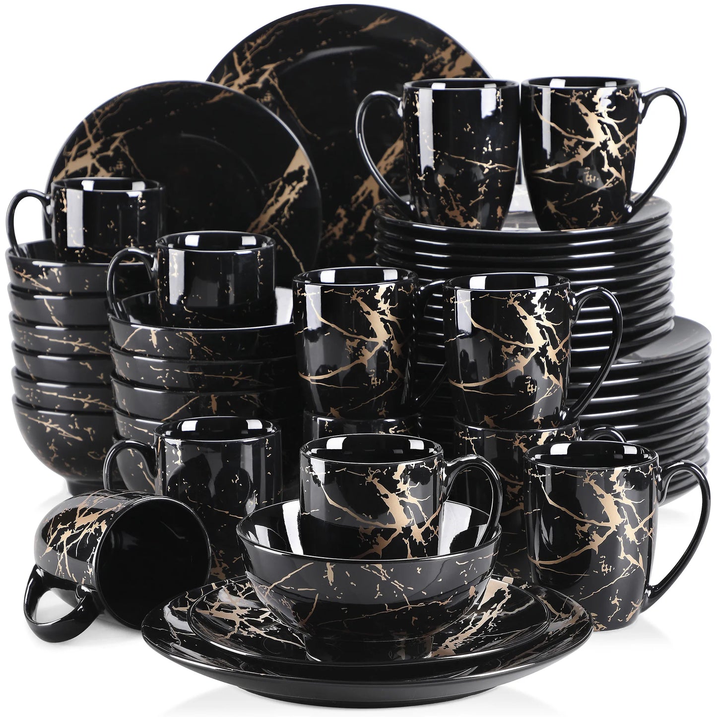 LOVECASA 16/32/48 Stück schwarzes blaues Porzellan-Dinnerware-Set, Design von Gold Splash, mit Dinner-Plate, Cake-plate, Bowls, Coffee Cups