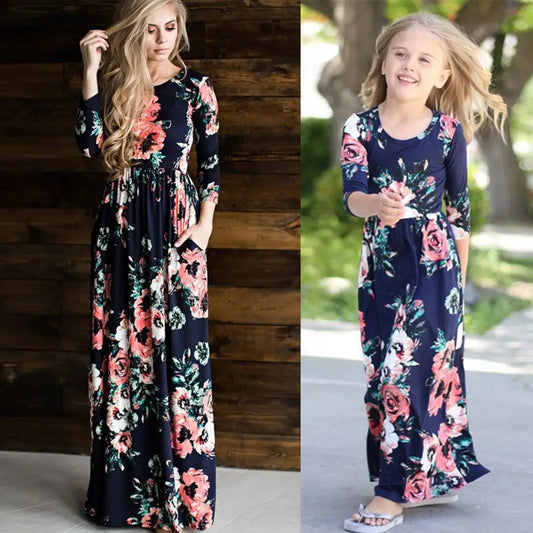 Mother daughter Dresses Floral Nine Quarter Bohemia Long Dress Casual Sundress For Mom & daughter Dress Family Matching clothes
