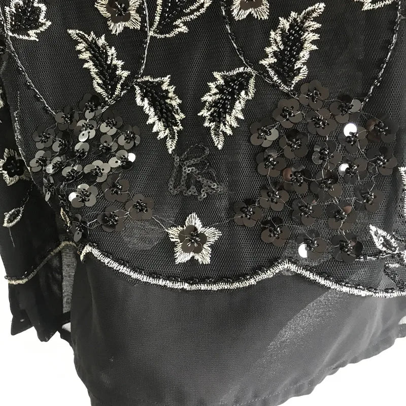 Women Floral Beaded Loose Vest Sleeveless Shirt Summer U-Neck Flowers Embroidered Sequined Chiffon Blouses Shiny Gauze Tank Tops
