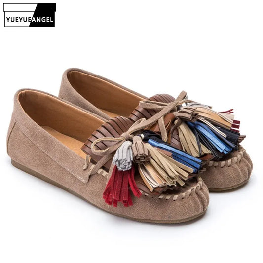 Vintage Frauen Quasten Slip On Loafers 2025 - Kunstwildleder Mokassin Gommino Schleifenknoten - Flats Schuhe Casual Damen Streetwear Flache Schuhe