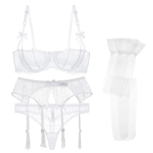 CYHWR Luxury Half Cup Lace Transparent Sexy Lingerie Ultra-thin Solid Shell Style 4 Pieces/Lots Bra Set and Garter and Stocking