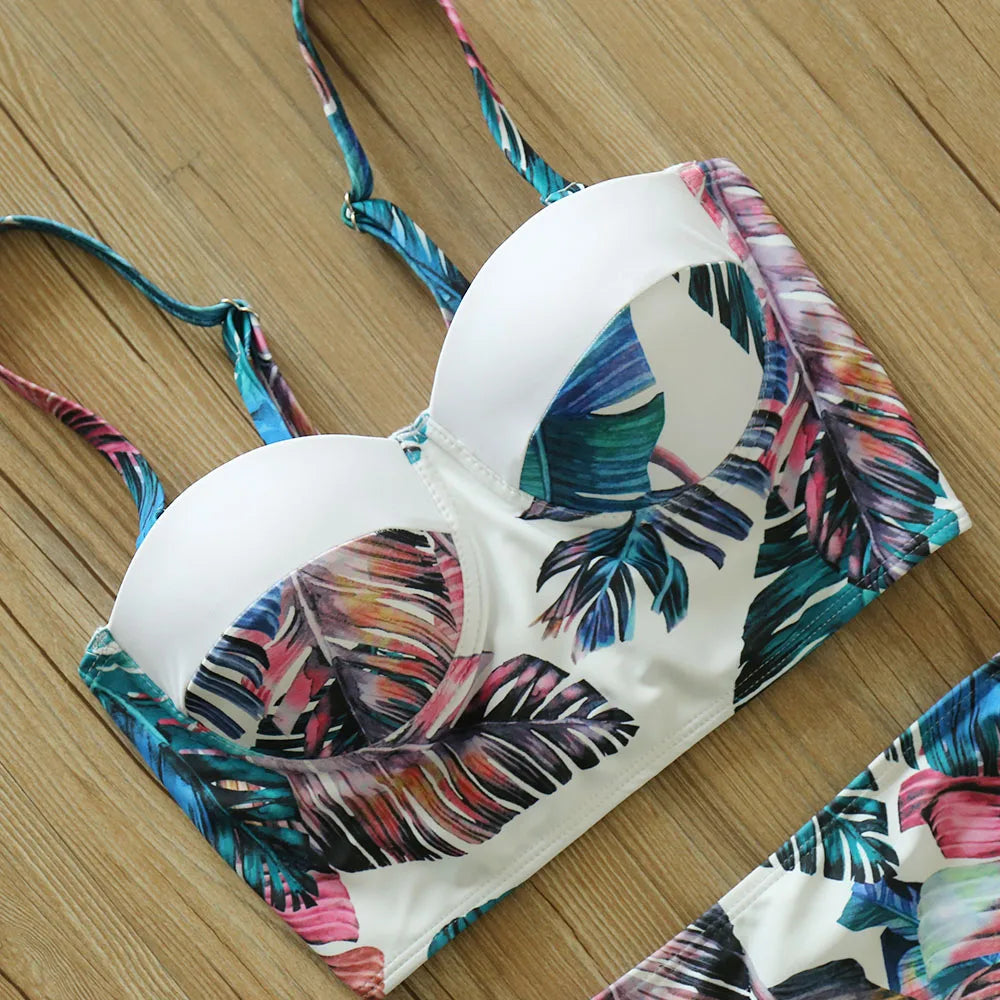 High Waist Schwimmbekleidung 2025: Underwire-Support Mori Girl Style sporlike - Neuer Blatt Druck Vintage Retro Badeanzug Halter Polsterung