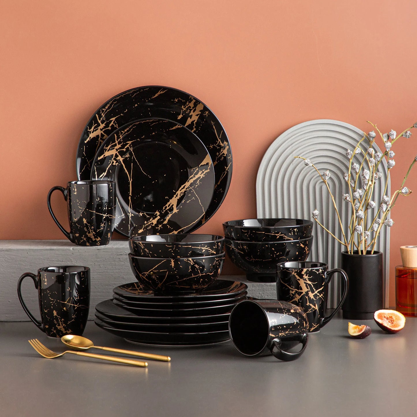LOVECASA 16/32/48 Stück schwarzes blaues Porzellan-Dinnerware-Set, Design von Gold Splash, mit Dinner-Plate, Cake-plate, Bowls, Coffee Cups