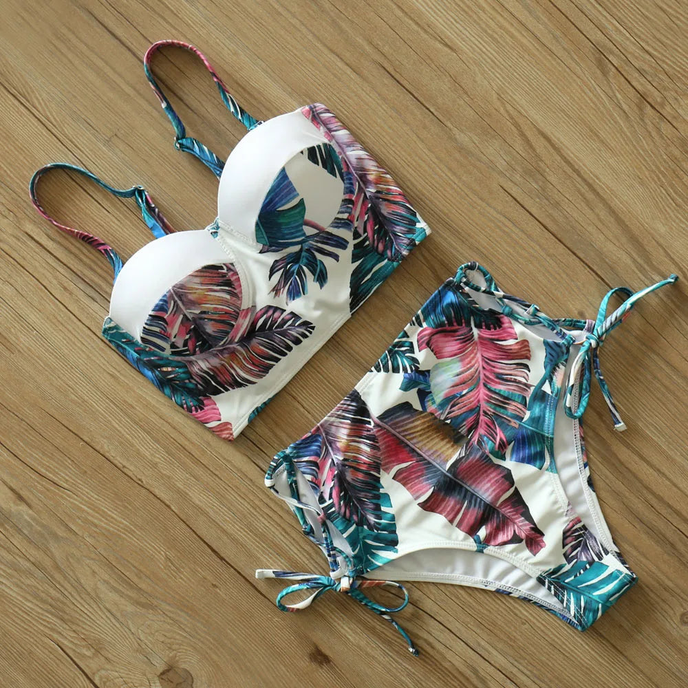 High Waist Schwimmbekleidung 2025: Underwire-Support Mori Girl Style sporlike - Neuer Blatt Druck Vintage Retro Badeanzug Halter Polsterung