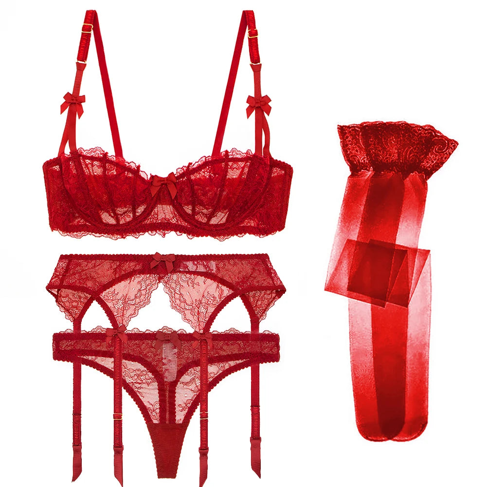 CYHWR Luxury Half Cup Lace Transparent Sexy Lingerie Ultra-thin Solid Shell Style 4 Pieces/Lots Bra Set and Garter and Stocking