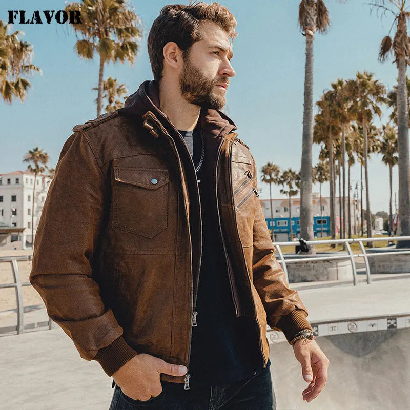 FLAVOR Herren Lederjacke Männer Motorrad Abnehmbarer Kapuz Wintermantel Männer Warme Echte Lederjacken
