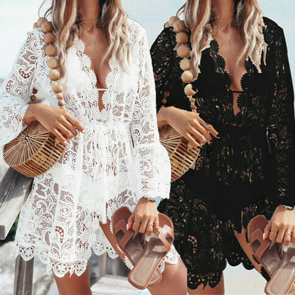 Marina V-Ausschnitt Spitzen Cover-Up - Spitze S M L Strand