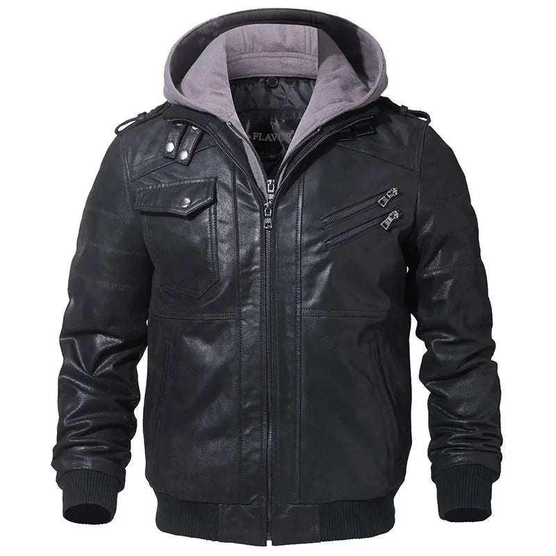 FLAVOR Herren Lederjacke Männer Motorrad Abnehmbarer Kapuz Wintermantel Männer Warme Echte Lederjacken
