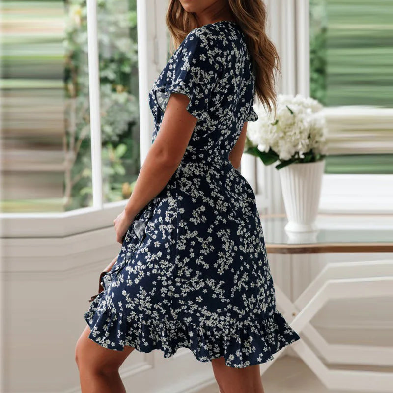 Boho Floral Print Ruffles Women Dress Summer Sexy V Neck Short Sleeve A Line Chiffon Mini Dresses Beach Vacation Sundress