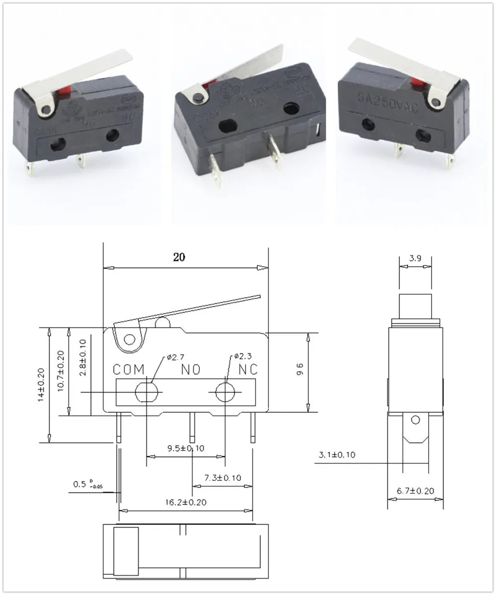 10x Mikroschalter KW11-3Z 5A 250V - Mini Endschalter NO/NC mit Rollenhebel