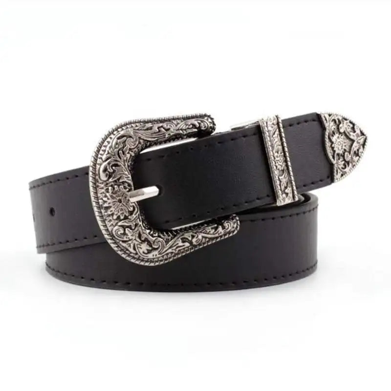Schwarzer Leder Gürtel Frauen Metall Herz Schnalle Taille Gürtel Vintage Western Geschnitzt Jeans Damen Gürtel Hemden Taillenbund Cinturon Mujer