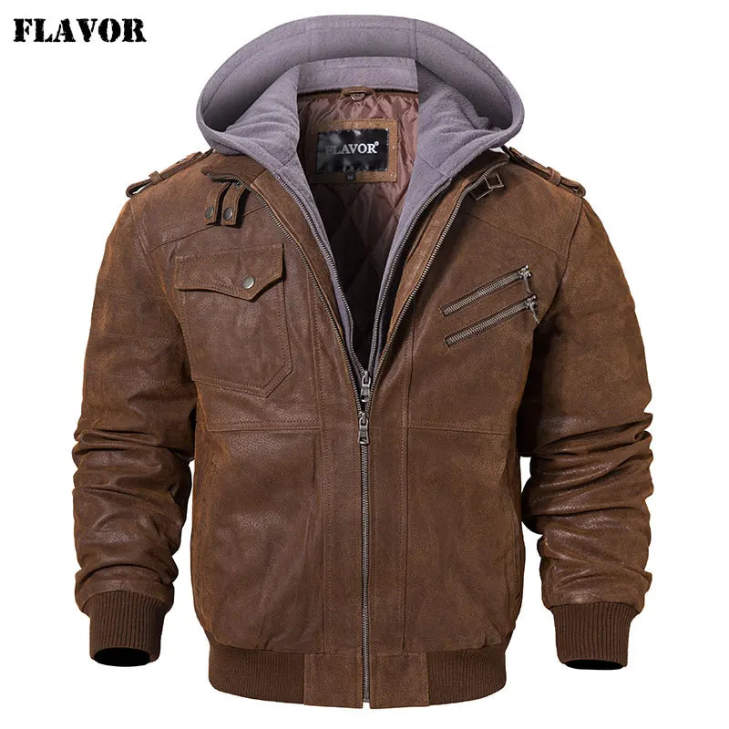 FLAVOR Herren Lederjacke Männer Motorrad Abnehmbarer Kapuz Wintermantel Männer Warme Echte Lederjacken
