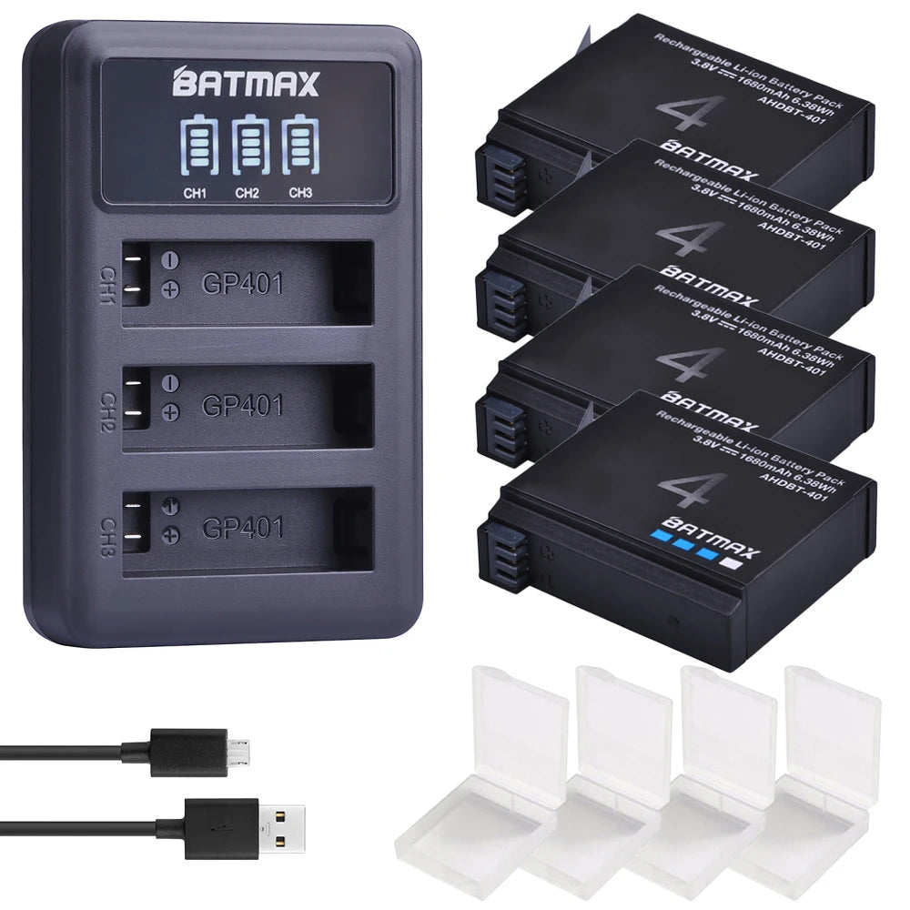 Batmax AHDBT-401 Ersatzakku Set - 4x1680mAh 3.7V USB