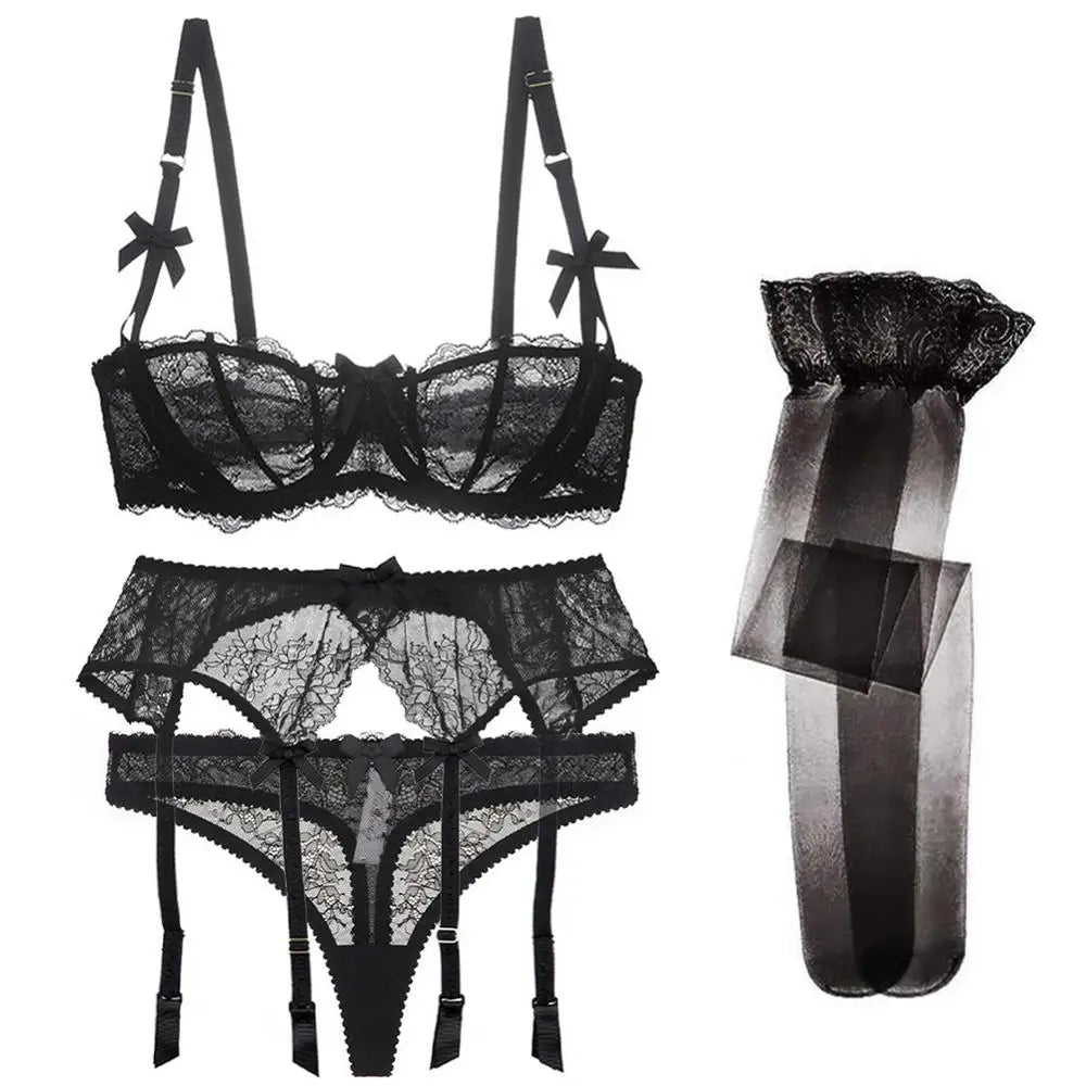 CYHWR Luxury Half Cup Lace Transparent Sexy Lingerie Ultra-thin Solid Shell Style 4 Pieces/Lots Bra Set and Garter and Stocking