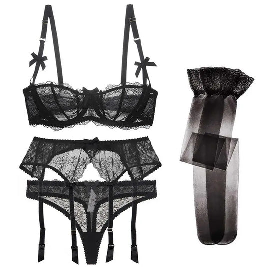 CYHWR Luxury Half Cup Lace Transparent Sexy Lingerie Ultra-thin Solid Shell Style 4 Pieces/Lots Bra Set and Garter and Stocking