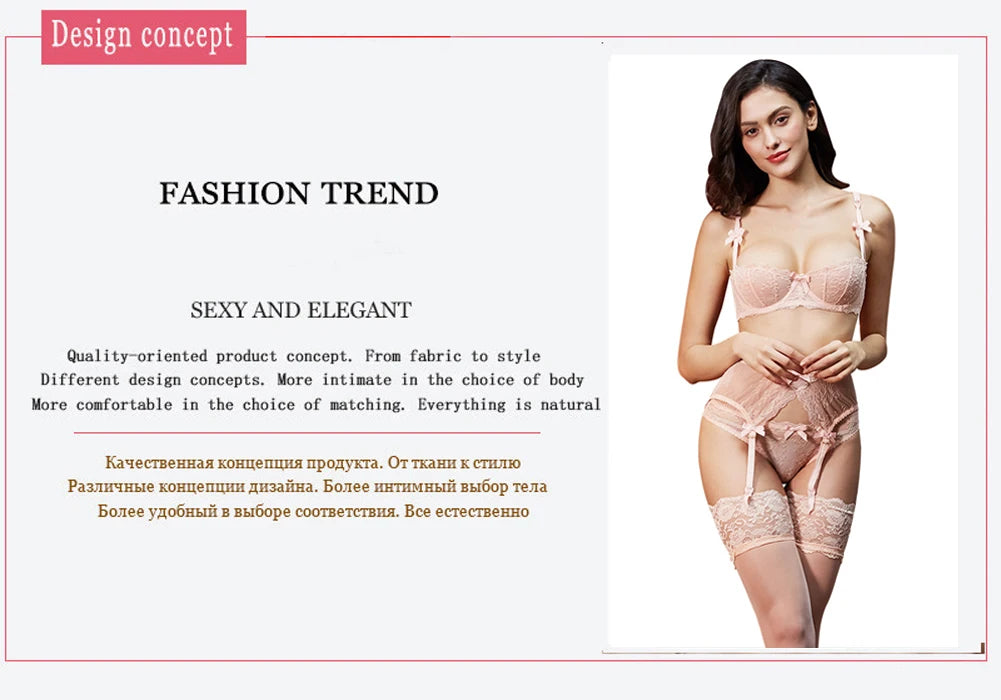 CYHWR Luxury Half Cup Lace Transparent Sexy Lingerie Ultra-thin Solid Shell Style 4 Pieces/Lots Bra Set and Garter and Stocking