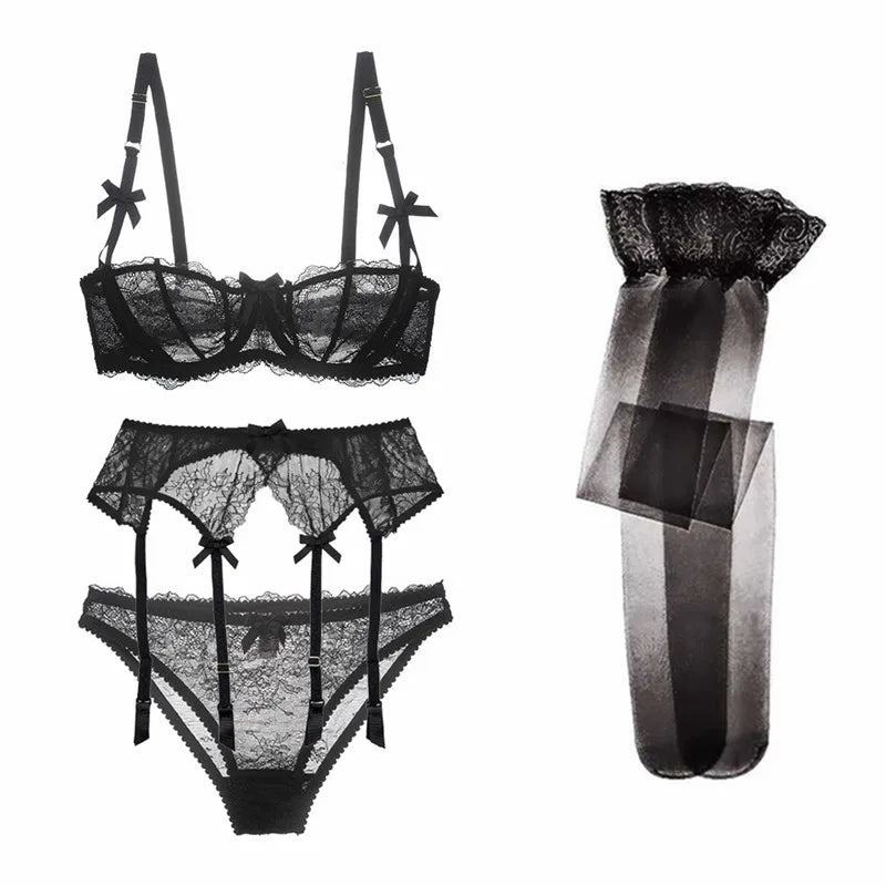 CYHWR Luxury Half Cup Lace Transparent Sexy Lingerie Ultra-thin Solid Shell Style 4 Pieces/Lots Bra Set and Garter and Stocking