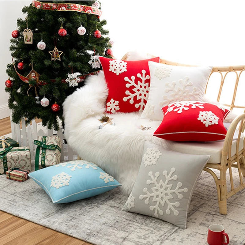 Christmas Style Big Snowflake Throw Pillow Case 45x45cm Canves Wool Embroidery Cushion Cover For Noel Party Home Decoration
