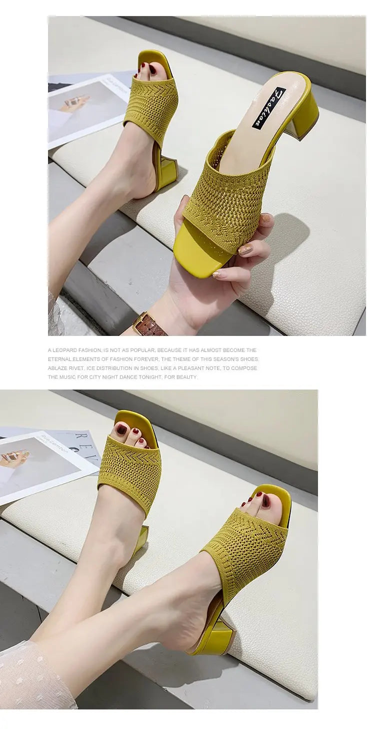 Women Slippers 2022 Summer Closed Toe Comfort Slippers Women Fashion Fly Weave Outdoor Sandals Women Medium Heel Slippers