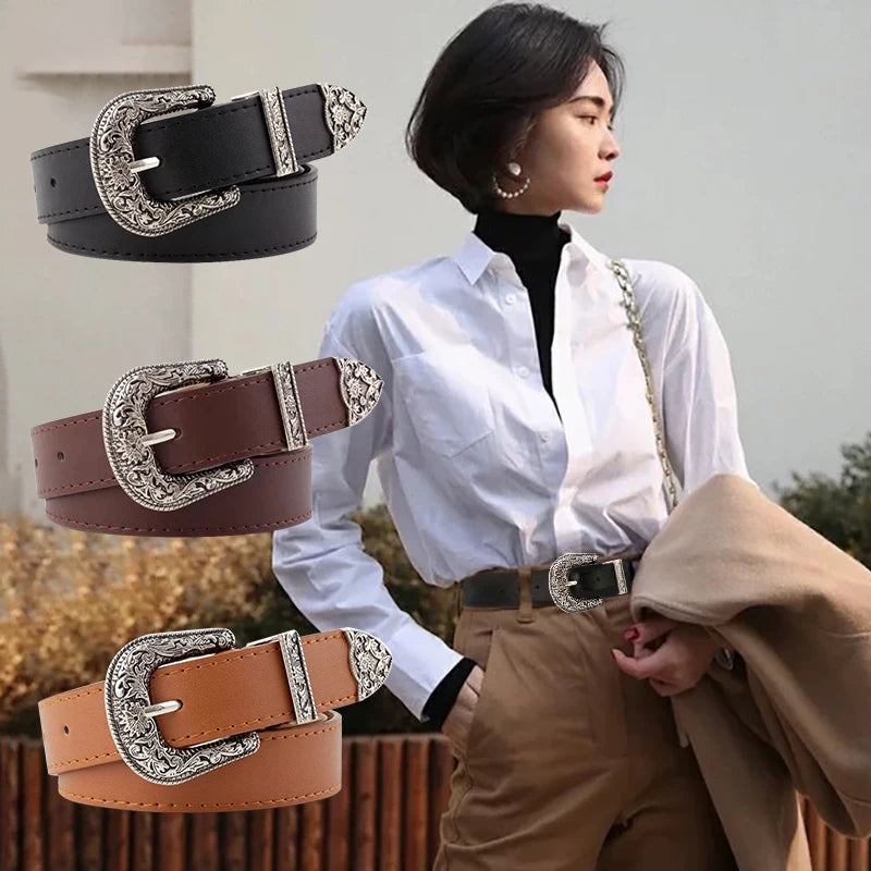 Schwarzer Leder Gürtel Frauen Metall Herz Schnalle Taille Gürtel Vintage Western Geschnitzt Jeans Damen Gürtel Hemden Taillenbund Cinturon Mujer