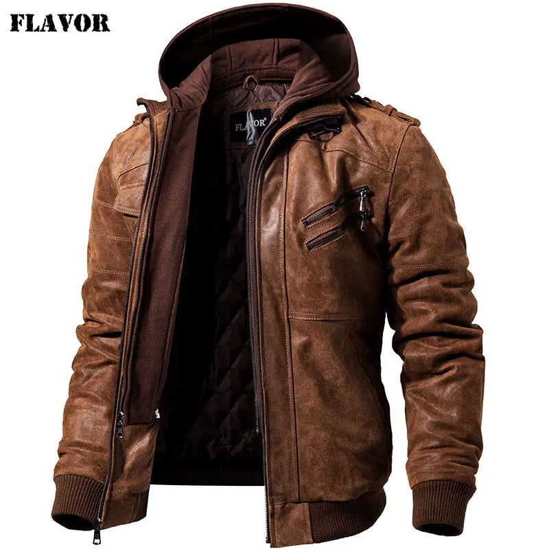 FLAVOR Herren Lederjacke Männer Motorrad Abnehmbarer Kapuz Wintermantel Männer Warme Echte Lederjacken