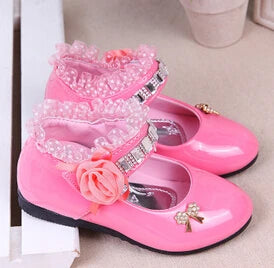 Blumen Mädchen Schuhe 2025 - Frühling Herbst Prinzessin Spitze PU Leder - Süße Schleife Strass 3-11 Jahre Kleinkind