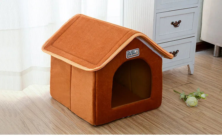Winter Pet House Foldable Bed With Mat Soft Leopard Dog Puppy Sofa Cushion House Kennel Nest Dog Cat Bed For Small Medium Dogs