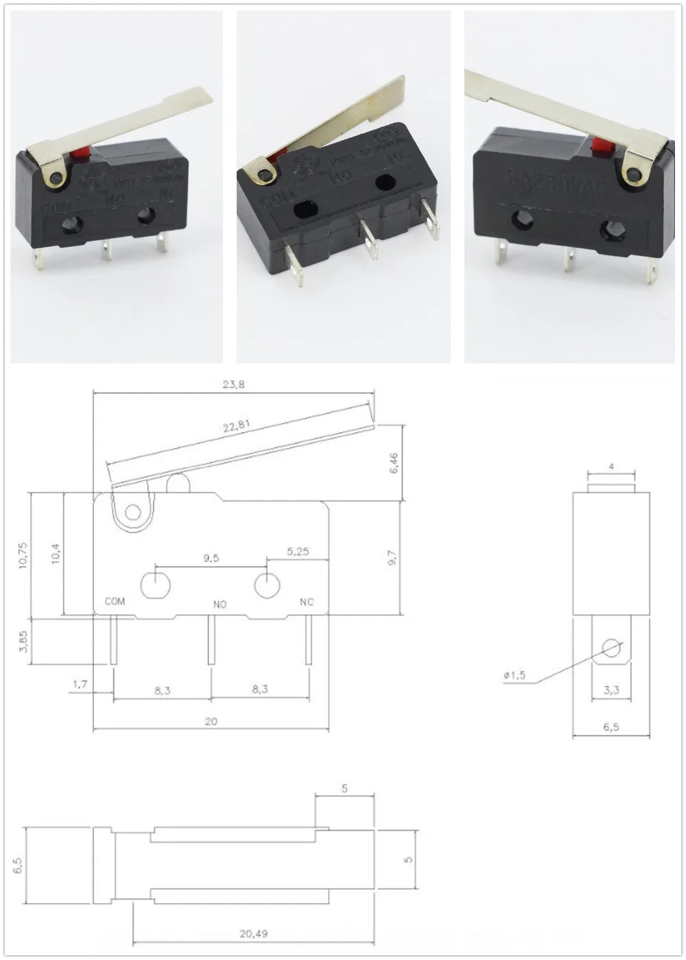 10x Mikroschalter KW11-3Z 5A 250V - Mini Endschalter NO/NC mit Rollenhebel