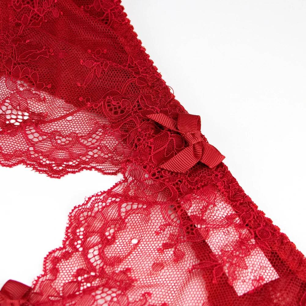 CYHWR Luxury Half Cup Lace Transparent Sexy Lingerie Ultra-thin Solid Shell Style 4 Pieces/Lots Bra Set and Garter and Stocking