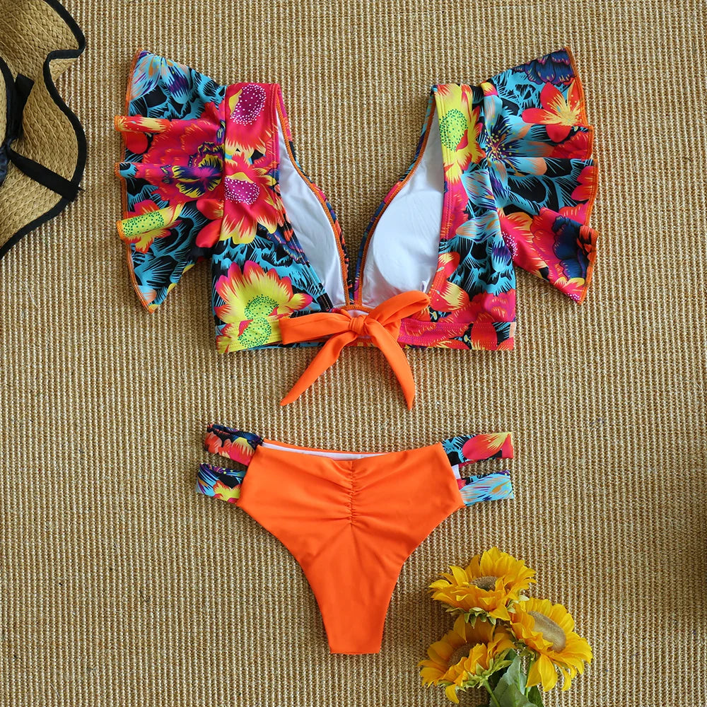 Elegant Rüschen Bikini Set: SEAURAL Brasilianischer V Hals Verbesserte Unterstützung Wire-Free - Strappy Low Waist Polsterung Strand Wear Mujer Biquini