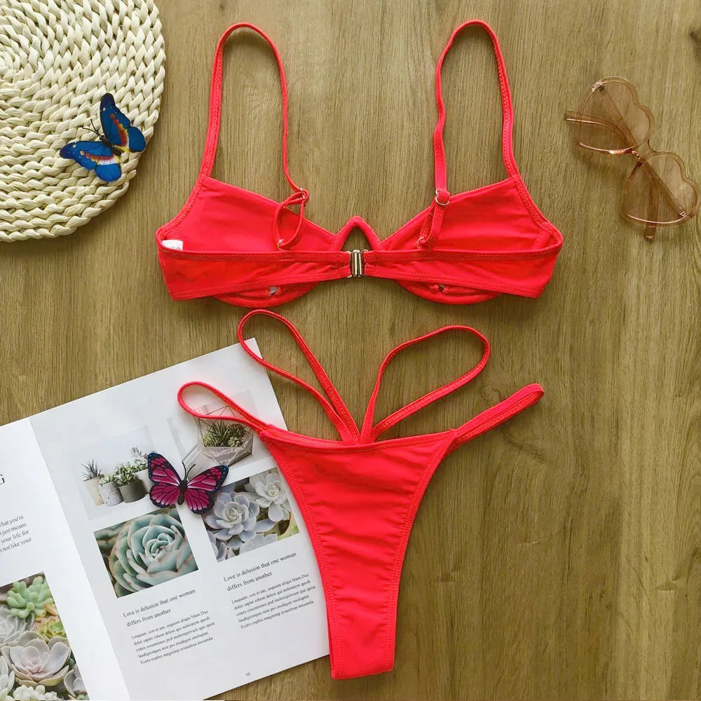 Ausgehöhlter Roter Sexy Bikini Set 2025: String Push Up Gebunden Thong - Frauen Schwimmbekleidung Brasilianischer Bikini Badeanzug Schwimm Wear Atemberaubend