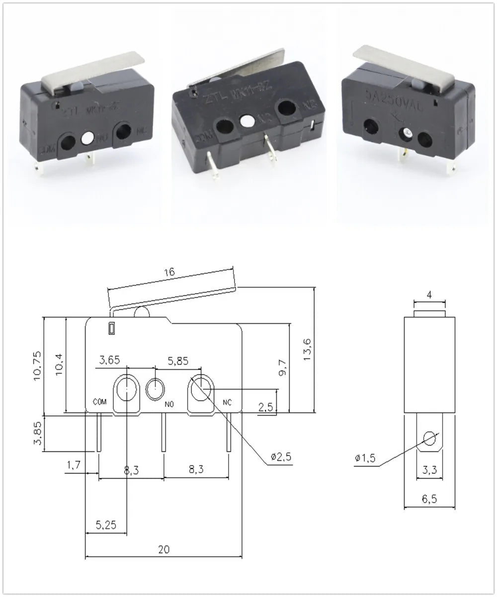 10x Mikroschalter KW11-3Z 5A 250V - Mini Endschalter NO/NC mit Rollenhebel